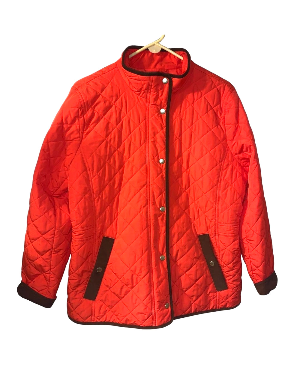 Talbots Womens Quilted Barn Jacket Size XL Orange w Brown Corduroy Trim Fall